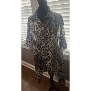 Mirror Image Women's Semi Sheer Leopard Print Button Up Tunic W/ Bell Sleeves. M